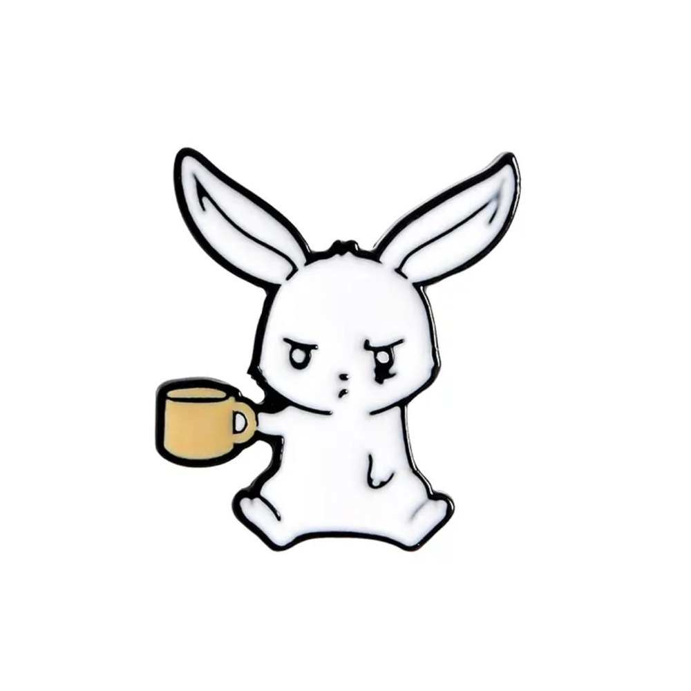 Cute & Funny White Rabbit Enamel Pin – Coffee Lover Brooch
